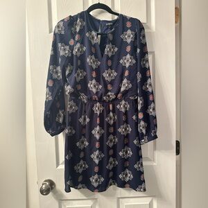 Express Navy and White Patterned Long Sleeve Dress